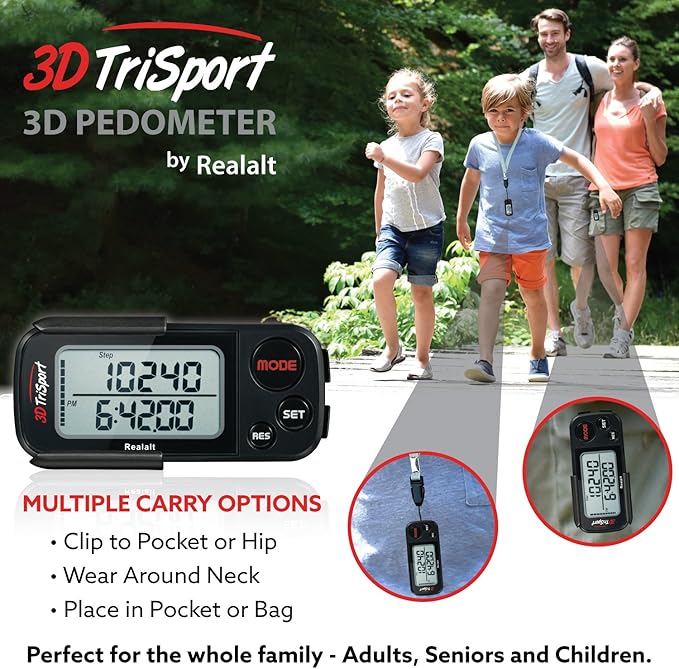 3DTriSport Walking 3D Pedometer with Clip & Strap, eBook Included | 30 Days Memory, Accurate Step Counter, Walking Distance Miles/Km, Calorie Counter, Daily Exercise Time Monitor