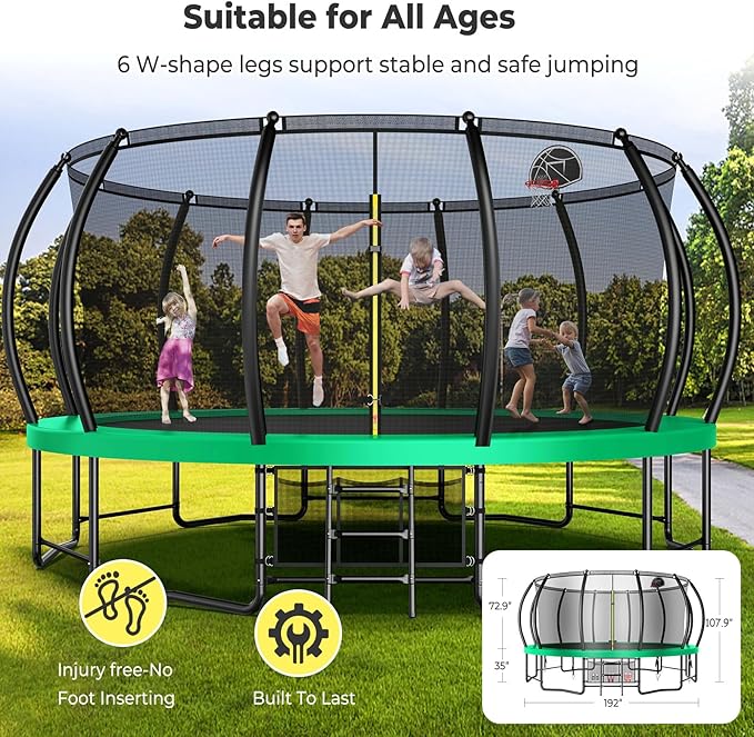 12 14 15 16FT Trampoline Outdoor with Basketball Hoop, Trampoline with Lights for Kids and Adults, Recreational Trampolin with Sprinkler, Stakes
