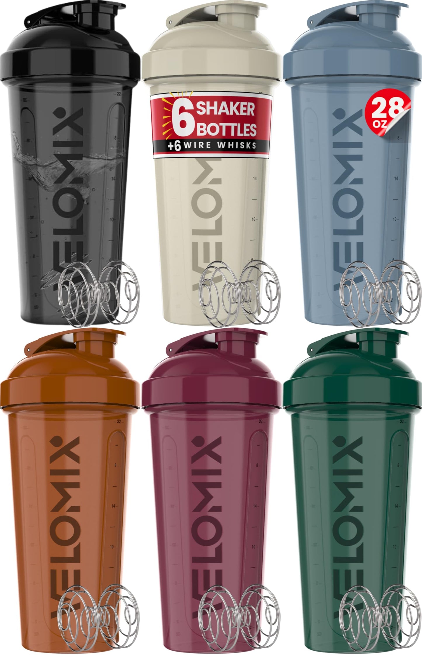 VELOMIX 6 Pack 28oz Protein Shaker Bottle for Protein Mixes, Earth Tones