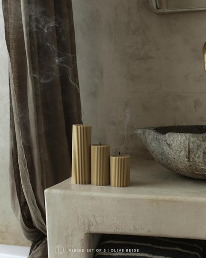 LAWA Roman Handmade Tall Ribbed Pillar Candle - Beautiful Scented Soy Wax Dinner Candle | Classic Aesthetic Decoration Set | Housewarming Gift | Home Room Shelf Decor Idea - Olive Beige (Set of 3)