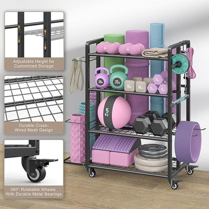 4-Tier Dumbbell Rack Stand Only, Adjustable Weight Rack for Dumbbells Kettlebells Yoga Mat, Home Gym Storage Rack with Wheels and Hooks, Powder Coated Finish