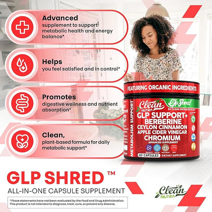 GLP1 Supplement Berberine Ceylon Cinnamon Apple Cider Vinegar Chromium Turmeric PCOS Supplements Immunity & Metabolism Support 60 Vegan Capsules by Clean Nutra