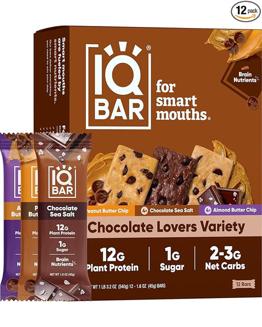 IQBAR Brain and Body Plant Protein Bars - Chocolate Lovers Variety - 12-Count Low Carb - Gluten