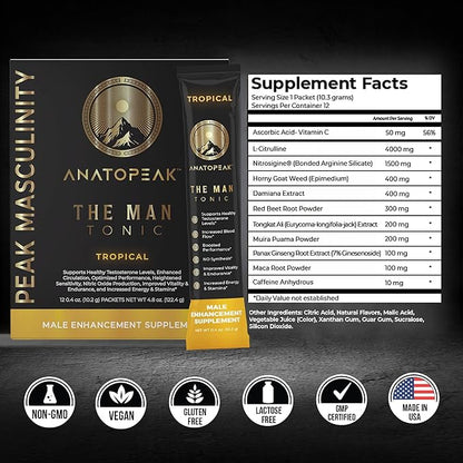 Male Enhancing Supplement Powder ??Testosterone Supplement for Men with Tongkat Ali, Maca Root, Horny Goat Weed Powder, Beet Root & L-Citrulline ??Nitric Oxide Enhancer (12 Stick Packs) - Tropical