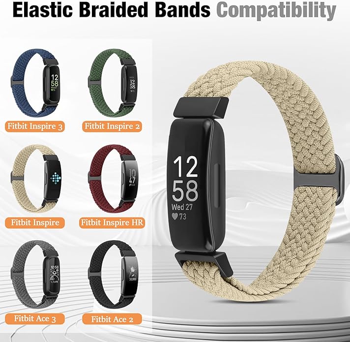 Elastic Braided Watch Band Compatible with Fitbit Inspire 3/Inspire 2/Inspire/Inspire HR/Fitbit ace 3/Ace 2, Adjustable Stretchy Strap Sport Nylon Loop Replacement Wristband for Fitbit Inspire
