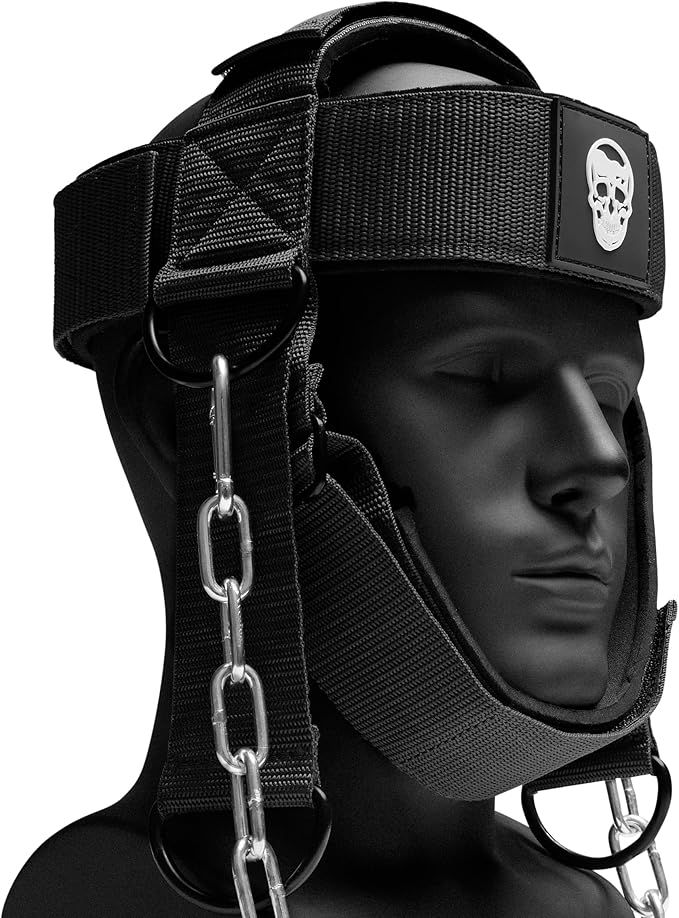 Gymreapers Neck Harness Weight Lifting - Neck Trainer Workout Equipment - Heavy Duty Stainless Steel Chain, Adjustable Neoprene Head Strap, Exercise Equipment for Strength & Pain Relief