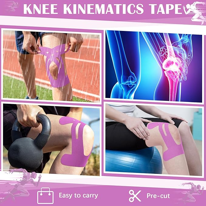 50 Pcs Precut Kinesiology Tape for Knees Pain Relief Elastic Waterproof Athletic Knee Tape for Support Stability Sports(Purple)