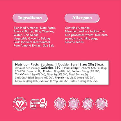 Love + Chew Soft Baked Protein Cookies, Gluten Free | (18) Count Cherry Almond Minis | Vegan, Paleo, Non GMO and Packed with Superfoods. - Individually Wrapped, and Made from High Protein Almonds - (1) Ounce Cookies