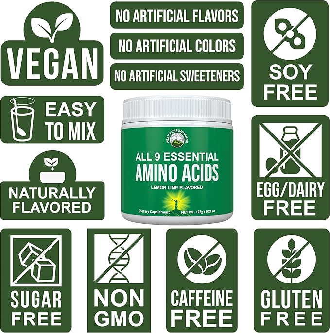 All 9 Essential Amino Acids Powder with 26 Clinical Studies. EAAs 32X Effective vs BCAA / BCAAS Branched Chain Aminos. Pre or Post Workout EAA Supplement for Energy and Muscle Growth. Lemon Lime