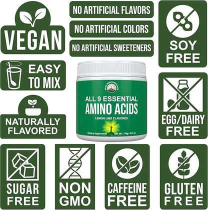 All 9 Essential Amino Acids Powder with 26 Clinical Studies. EAAs 32X Effective vs BCAA / BCAAS Branched Chain Aminos. Pre or Post Workout EAA Supplement for Energy and Muscle Growth. Lemon Lime