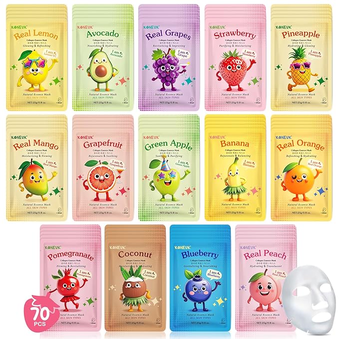 70 Pack Collagen Hydrating Face Masks Skincare for Women, Cute Fruit Face Mask Skin Care for Kids Teens, Bulk Sheet Facial Masks Set for All Skin Types, Spa Party Supplies for Girls, Birthday Gifts