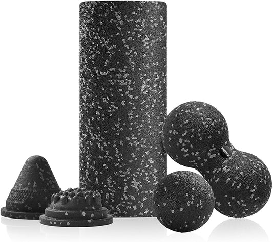 5 in 1 Foam Roller Set with Peanut Massage Ball, Curved Muscle Brush - Yoga Roller, Massage Ball, Trigger Point Triangle for Deep Tissue Relief (Black Gray)
