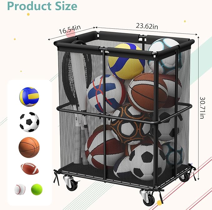 smusei Ball Storage Bin Rolling Sports Ball Storage Cart Garage Sports Equipment Organizer Rack with Wheels Outdoor Basket Ball Cage for Garage, School, Gym, Yoga Room