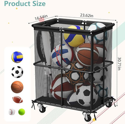 smusei Ball Storage Bin Rolling Sports Ball Storage Cart Garage Sports Equipment Organizer Rack with Wheels Outdoor Basket Ball Cage for Garage, School, Gym, Yoga Room