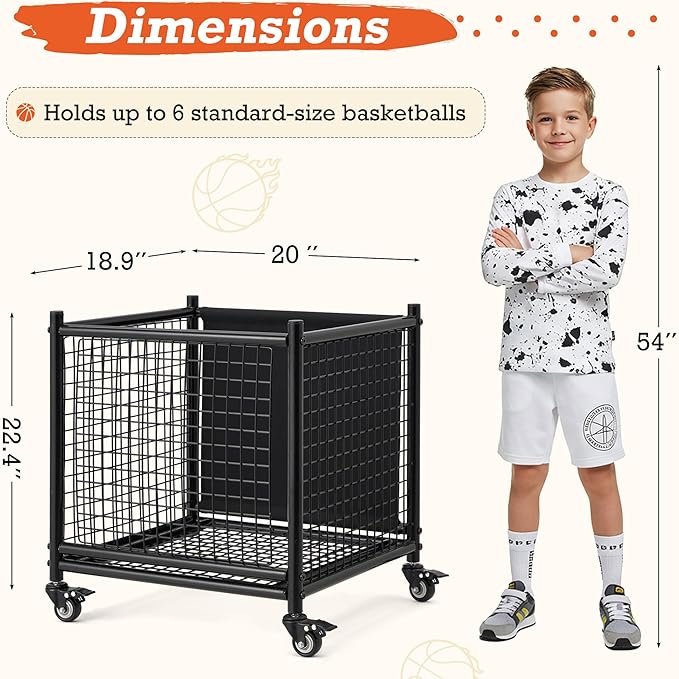 AECOJOY Ball Cart Storage, Rolling Basketball Bin with Wheels for Garage, School, Gym, Sports Equipment and Toy Organizer, Indoor & Outdoor