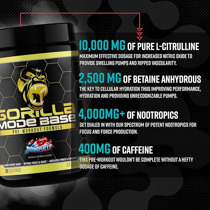 Gorilla Mind Base Pre Workout - Raises Nitric Oxide Intense Focus & Drive Endurance Power - L-Citrulline, L-Tyrosine, Betaine, Alpha-GPC, Caffeine, Huperzine A - 360 Grams (Cherry Blackout)