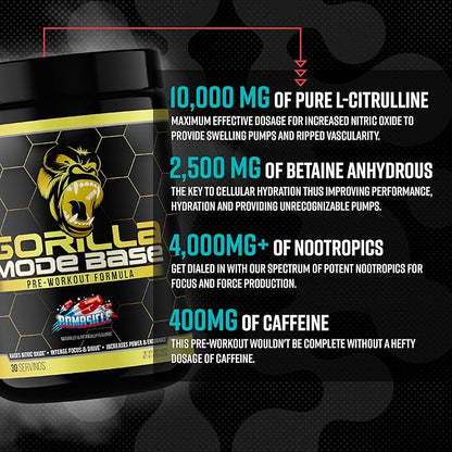 Gorilla Mind Base Pre Workout - Raises Nitric Oxide Intense Focus & Drive Endurance Power - L-Citrulline, L-Tyrosine, Betaine, Alpha-GPC, Caffeine, Huperzine A - 360 Grams (Cherry Blackout)