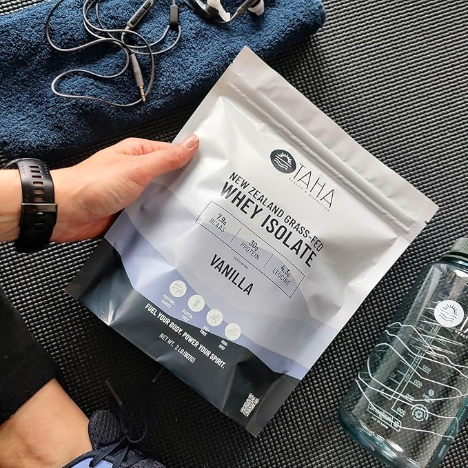 Taha Health & Nutrition Vanilla Whey Protein Isolate Powder, 30g Protein, 7.9g BCAAs, 4.3g Leucine | New Zealand Free-Range, Grass-Fed Dairy | Gluten-Free, Keto, Kosher | 2LB, 25 Servings