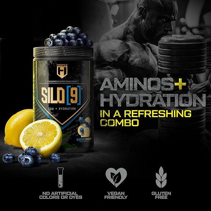 HOSSTILE SILO[9] Essential Amino Acids, EAA & BCAA Powder, Electrolyte Hydration Support, Enhance Muscle Growth & Recovery, Pre or Post Workout Drink, Blueberry Lemonade, 30 Servings