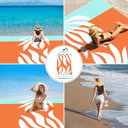 Beach Blanket Waterproof Sandproof Oversized, 9 Ft X 10 Ft Extra Large Sand Free Beach Mat with 4 Stakes, Compact Outdoor Essentials with Storage Bag for Beach, Picnic, Camping, Travel