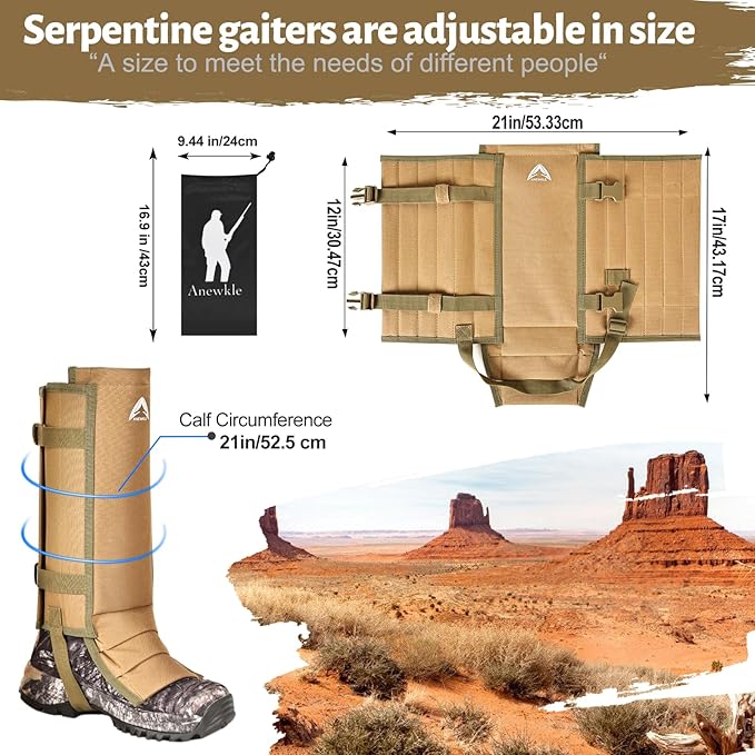 Snake Gaiters Waterproof Lower Legs Snake Guards Snake Guards Bite Protection Adjustable Snake Proof Gaiters for Farm Working Hiking Hunting, Khaki