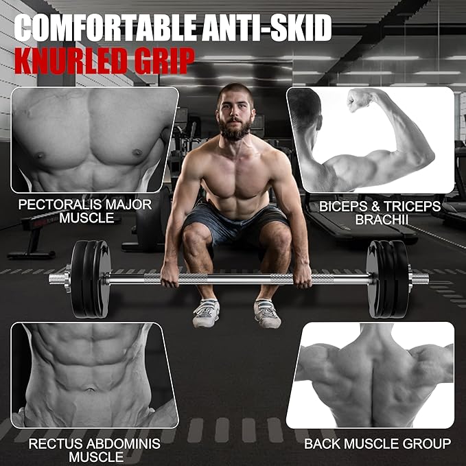 47 inch Olympic Barbell Bar - 1 inch Standard Weight Lifting Bar for Home Gym Strength Training - 480 LB Capacity for Bench Press, Squat, Deadlift, Hip Thrust, Lunge - Includes 2 Star Locknuts