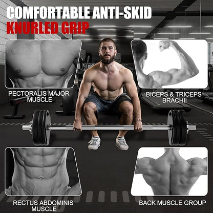 47 inch Olympic Barbell Bar - 1 inch Standard Weight Lifting Bar for Home Gym Strength Training - 480 LB Capacity for Bench Press, Squat, Deadlift, Hip Thrust, Lunge - Includes 2 Star Locknuts