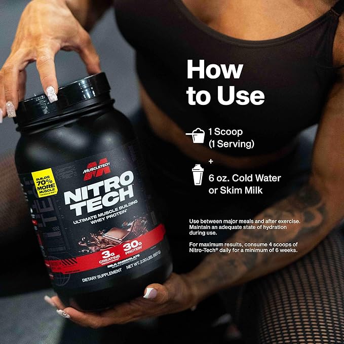 Muscletech Whey Protein Powder (Milk Chocolate, 2 Pound) - Nitro-Tech Ultimate Muscle Building Formula with Whey Protein Isolate - 30g of Protein, 3g of Creatine & 6.8g of BCAA - Packaging May Vary