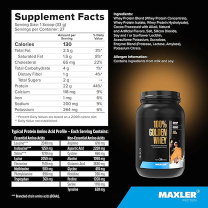 Maxler 100% Golden Whey Protein - 22g Protein per Serving - Premium Whey Protein Powder for Pre Post Workout - Fast-Absorbing Whey Concentrate Isolate Hydrolysate Blend - Chocolate Peanut Butter 2 lb