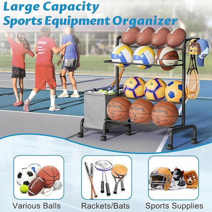Ball Storage Rack, Adjustable Basketball Holder Display Stand with Ball Basket Bin Hooks, Outdoor Ball Cart with Wheels for Soccer Football Tennis Baseball, Sport Equipment Organizer for Garage Gym