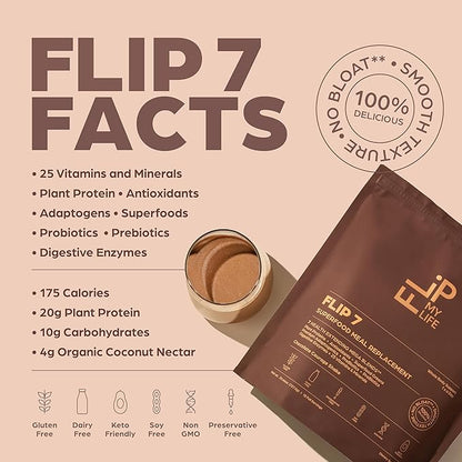 Flip 7 Natural SuperFood, Plant-Based Protein, Complete Meal Replacement to Support Healthy Gut, 7 Mega Nutrient Rich Blends all in one to AGE BETTER - Chocolate