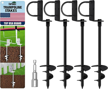 Eurmax USA Ground Anchors Heavy Duty Adjustable L-Shaped Head Shed Tent Stakes Trampoline Anchors, Trampoline Stakes for Sheds,Swing Sets,Mobile Home,Carports Set of 4(Black)