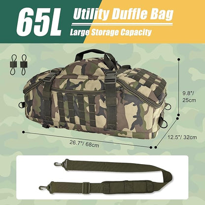 65L Large Travel Duffle Bag Military Tactical Backpack, Army Assault Pack 3 Day Bug Out Rucksack for Outdoor Sports Hiking Camping with Molle System, Woodland