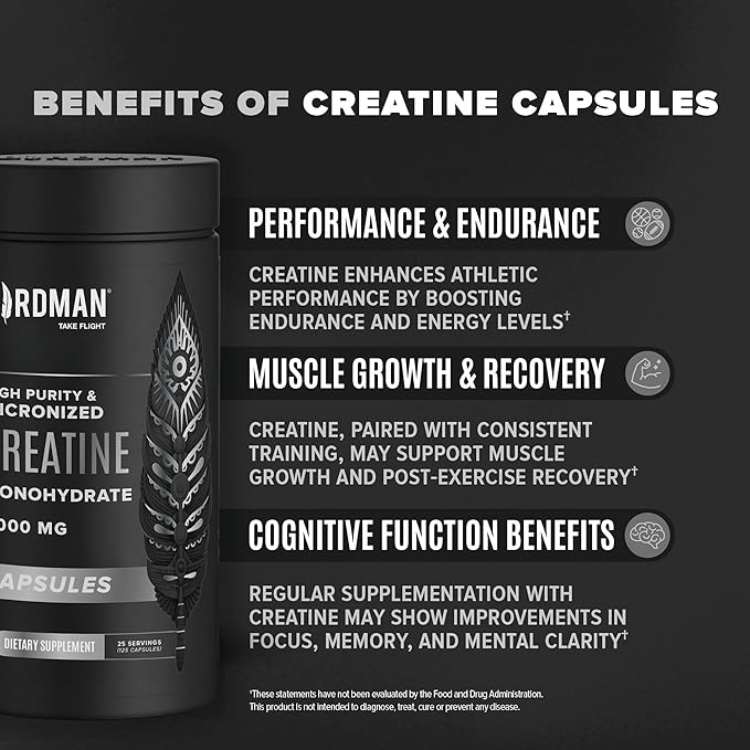 Micronized Creatine Monohydrate Capsules for Muscle Growth & Recovery, Pre & Post Workout, Vegan Creatine, Caffeine Free, Gluten Free, Sugar Free | 25 Servings | 125 Capsules