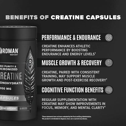 Micronized Creatine Monohydrate Capsules for Muscle Growth & Recovery, Pre & Post Workout, Vegan Creatine, Caffeine Free, Gluten Free, Sugar Free | 25 Servings | 125 Capsules