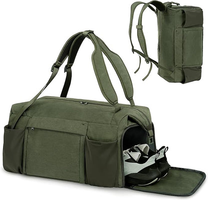 Gym Bag for Men with Shoes Compartment and Wet Pocket Convertible Duffle Bag and Gym Backpack Waterproof Sports Bags for Men with 2 Bottle Holders Weekender Overnight Bag-Dark Green