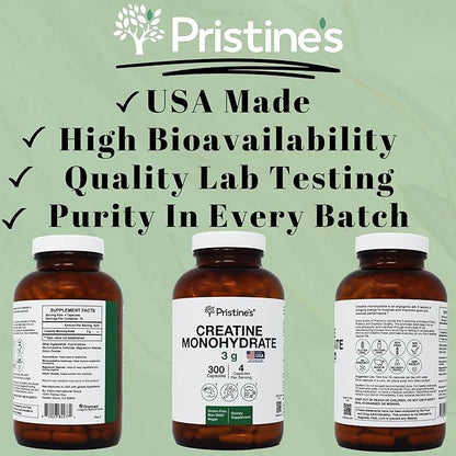 PRISTINE'S Creatine Monohydrate Capsules for Women & Men - NSF Certified 75 Day Supply 3G Muscle Growth Support Supplement - Cognitive & Athletic Performance Support - Enhanced Recovery