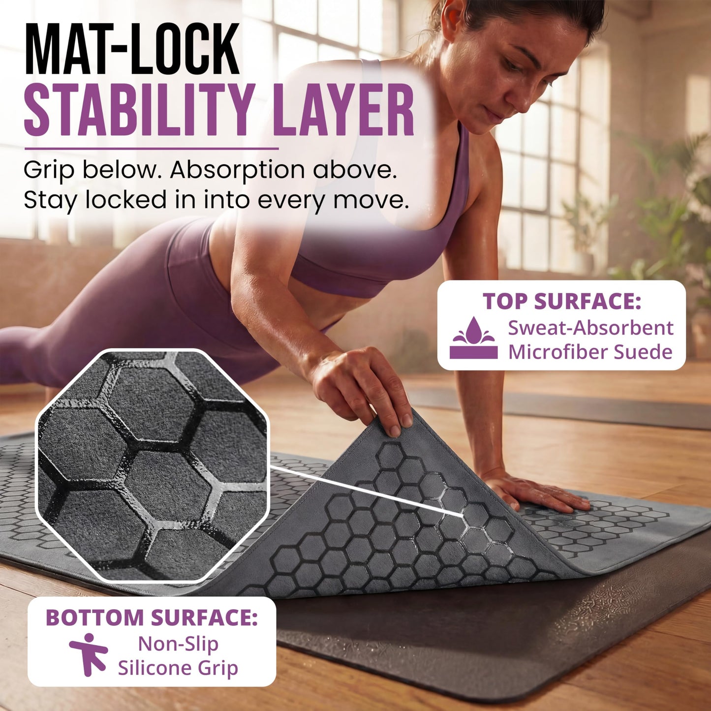 Clever Yoga Hot Yoga Mat Towel – Non-Slip Grip for Hot Yoga, Sweat Absorbent, Honeycomb Silicone