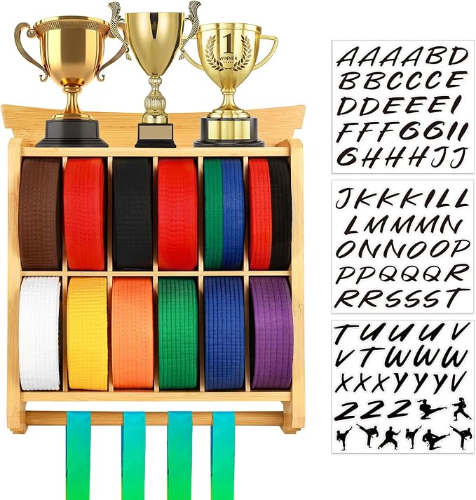 Tilhumt 12 Belts Karate Belt Display Rack with Trophy and Medal Display Rack, Taekwondo Belt Display Rack with Stickers, Martial Arts Belt Display for Kids and Adults