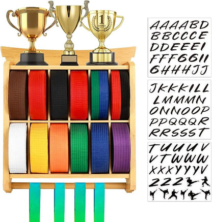 Tilhumt 12 Belts Karate Belt Display Rack with Trophy and Medal Display Rack, Taekwondo Belt Display Rack with Stickers, Martial Arts Belt Display for Kids and Adults