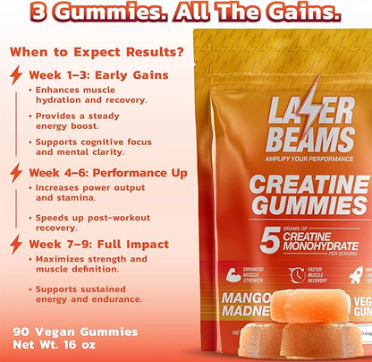 Creatine Monohydrate Gummies for Women & Men - 5g Creapure Creatine per Serving - Vegan, Mango Flavor - Boost Muscle Strength, Endurance, Recovery & Mental Focus (90 Gummies)