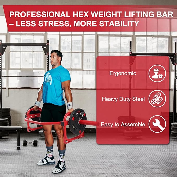 Olympic 2-Inch Hex Weight Lifting Trap Bar for Strength Training, 500-Pound Capacity, Safety Clips, Home Gym for Shoulder Presses, Shrugs, Back Rows