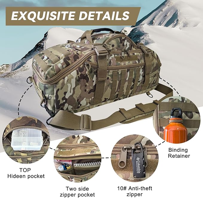 65L Large Duffle Bag, 3-in-1 Tactical Backpack MOLLE Pack for Sports, Gym, Outdoor, CP