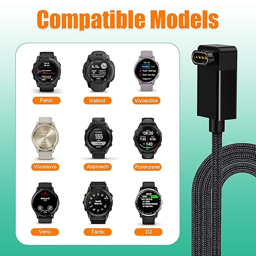 AGVEE 2 Pack 3.3ft Charger for Garmin Watch, L-Shape Zero Gap Charging Cable for Fenix, Forerunner, Vivoactive, Instinct, Venu, Tactix, Approach, D2, Quatix Series, Right Angle Braided, Black