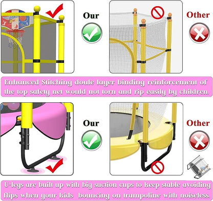 60" Trampoline for Kids, 5 FT Indoor & Outdoor Toddler Baby Trampoline with Basketball Hoop, Safety Enclosure, Birthday Gifts for Kids, Gifts for Boy and Girl, Age 3-8