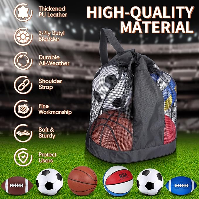 Sratte 6 Pcs Sports Balls Set for Kids Teens Adults Official Size Football Soccer Basketball with Pump Sports Equipment Bag for Youth Training Practice Gift Back to School