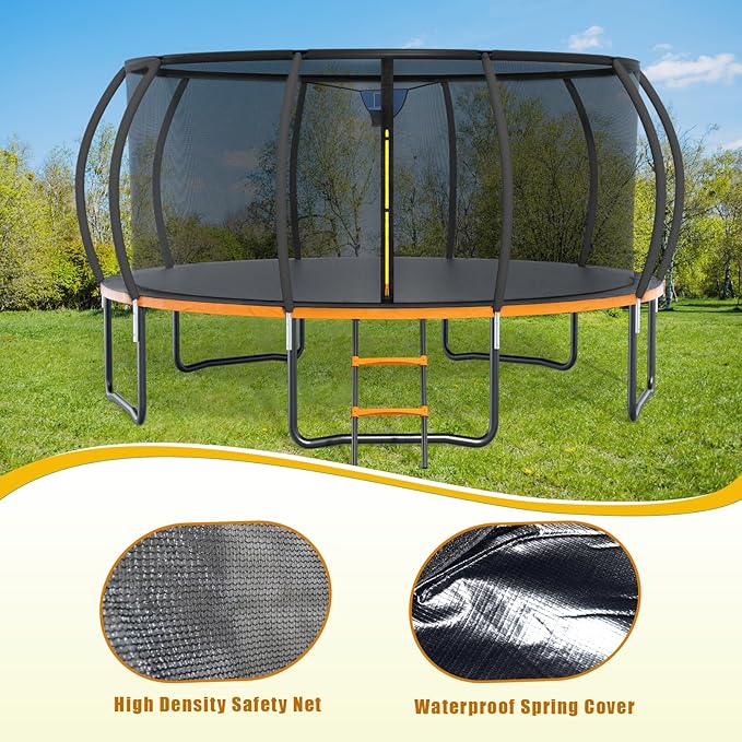 Trampoline 12FT 14FT 15FT 16FT for Kids/Adults - Outdoor Recreational with Enclosure Net Curved Poles and Ladder, Heavy Duty Anti-Rust Coating, ASTM Approval