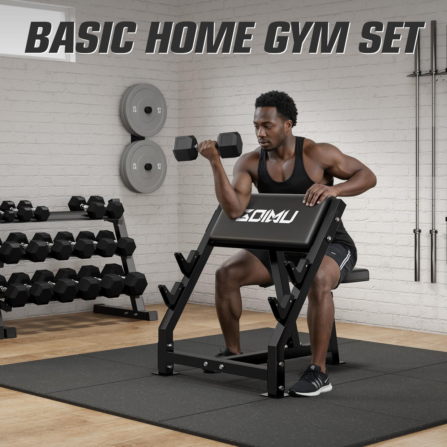 GOIMU PC01 Preacher Curl Bench, Seated Arm Isolated Barbell Dumbbell Bicep Station, Adjustable