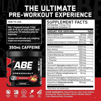 All Black Everything Pre Workout Powder | 30 Servings | Red Hawaiian | 350mg Caffeine | Nootropic Pre-Workout Blend | Beta Alanine + Citrulline | Energy Supplement for Men and Women