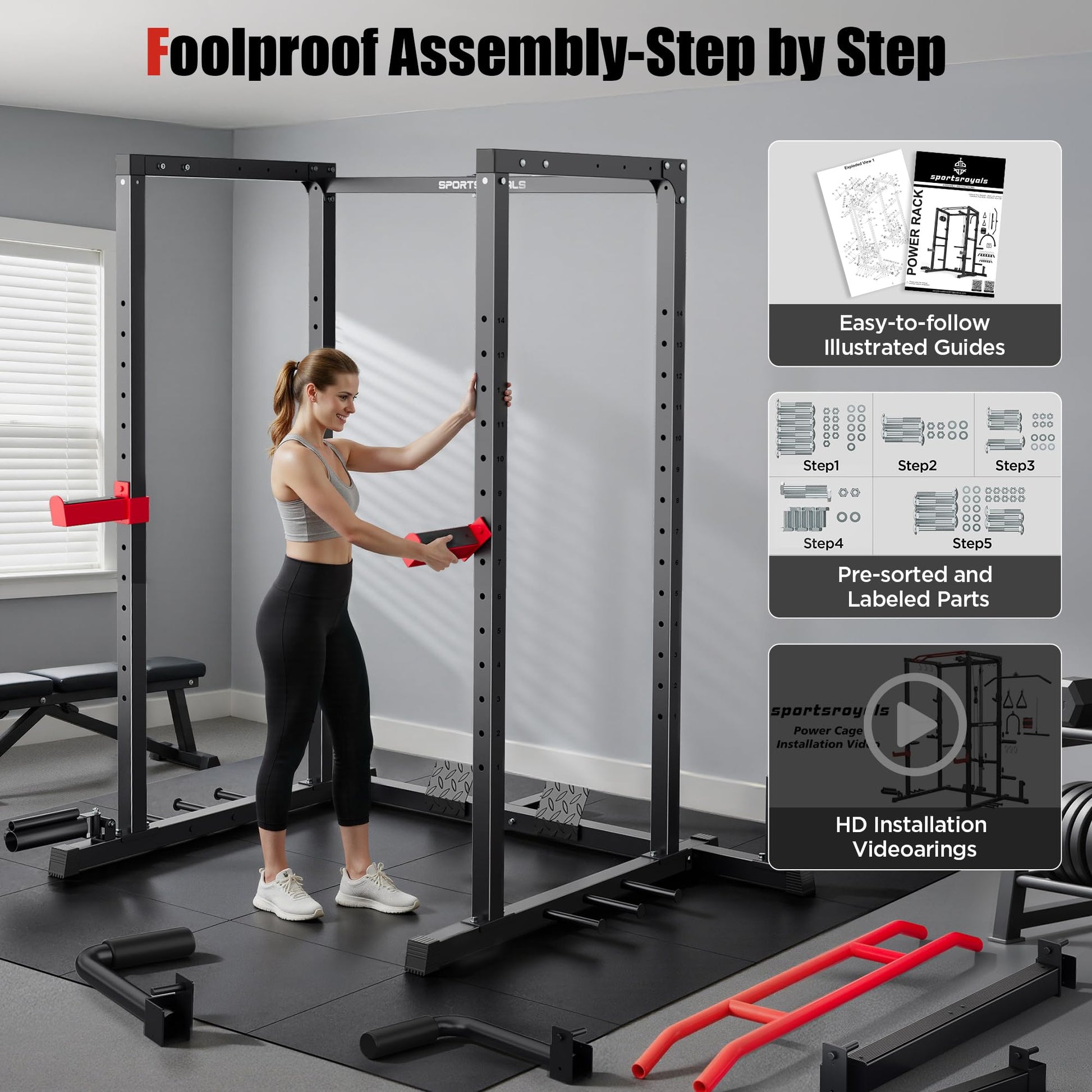 SPORTSROYALS Squat Rack, 1200 lb Power Cage with LAT Pulldown for Home Gym